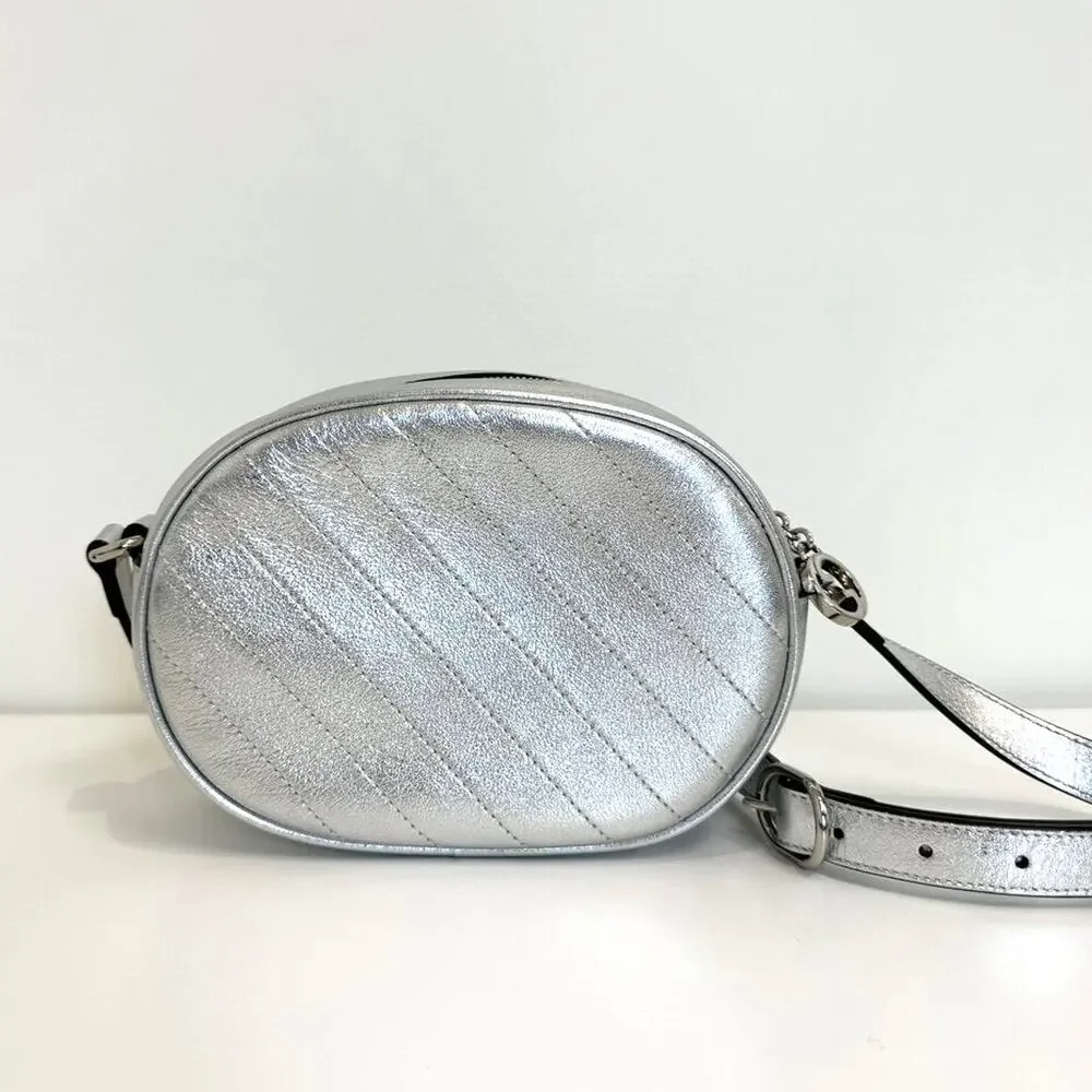 GUCCI Silver Leather GG Logo Oval Blondie Crossbody Bag Metallic Stripe Handbag